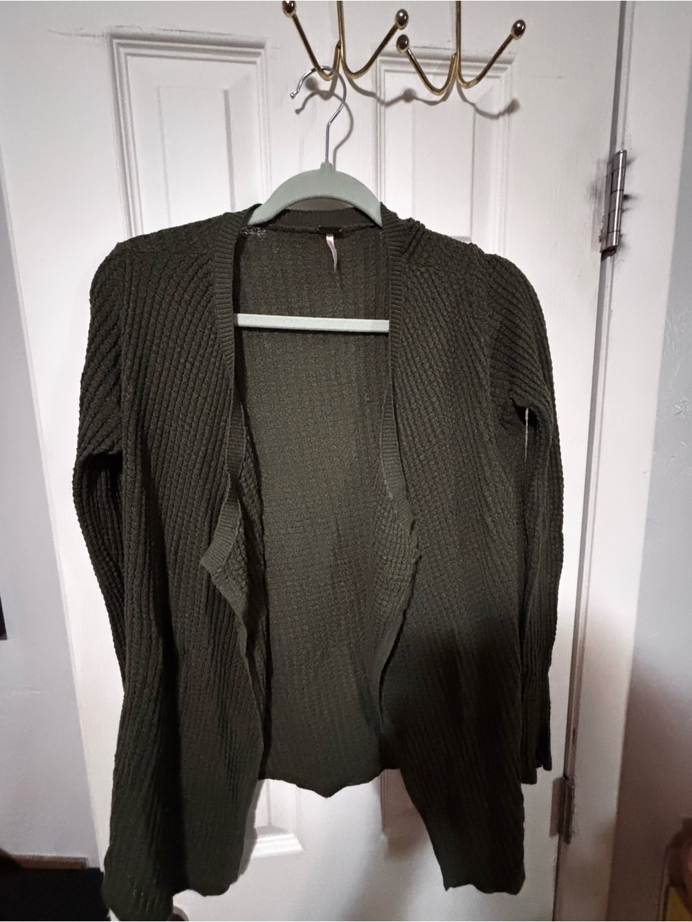 Poof! Olive Green Ribbed Open-Front Cardigan